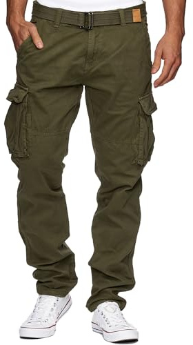 Indicode Herren William Cargohose aus Baumwolle mit Taschen und Gürtel | Robuste Herrenhose für Alltag und Outdoor mit vielen Taschen, Gürtel, Freizeithose, Arbeitshose, Cargo Pants für Männer