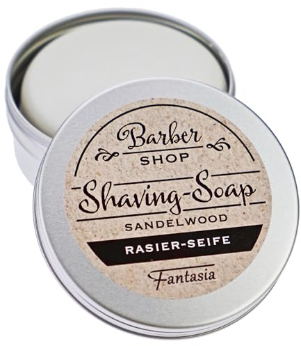 Fantasia Rasierseife für Herren und Damen aus Sandelholz 100g - Premium Rasiercreme Vegan für Sensible Haut - Rasier Set mit Metall Dose - Shaving Gel