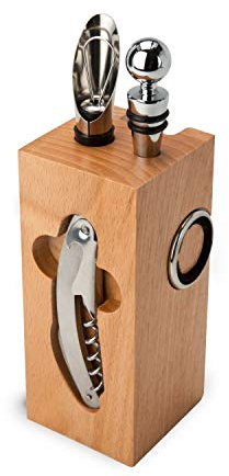 ROMINOX Geschenkartikel Weinaccessoires // Buche Block – Weinzubehör 7-teilig, Block mit Sommeliermesser, 2 Tropfringe, Weinthermometer, Flaschenverschluss, Ausgießer; Maße: ca. 7 x 7 x 22 cm