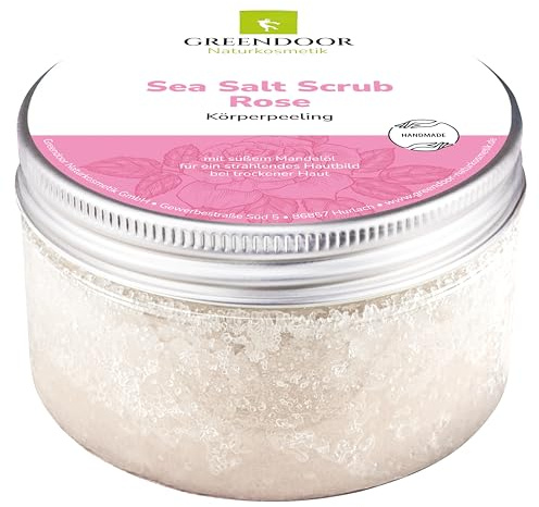 GREENDOOR Körperpeeling Meersalz Rose, natürliches Peeling ohne Mikroplastik für Damen, 280g Duschpeeling ohne Konservierungsmittel, mit straffendem Mandelöl, Body Scrub, Naturkosmetik Sauna-Salz