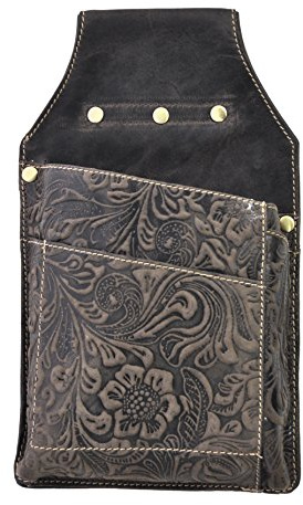 Kellnertasche Kellner Holster Köcher Vollrindleder ölgeprägt Jockey Club erhabenes, florales Muster, Blüten und Ranken (Braun)