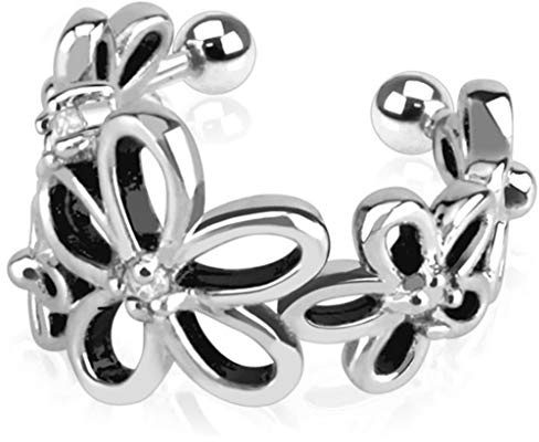 Bungsa Blume Ear Cuff Ohrstecker mit Stein - Ohrring Conch Fake-Piercing Clip-On Rhodium (Ohrstecker Ohrringe Ohrhänger Creolen Ohrschmuck Ohrklemmen Damen Frauen Herren Mode)