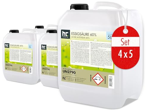 Höfer Chemie 4x 5 L Essigsäure 60% - optimaler Reiniger und Entkalker - Premium Qualität Made in Germany - frisch abgefüllt im handlichen Kanister