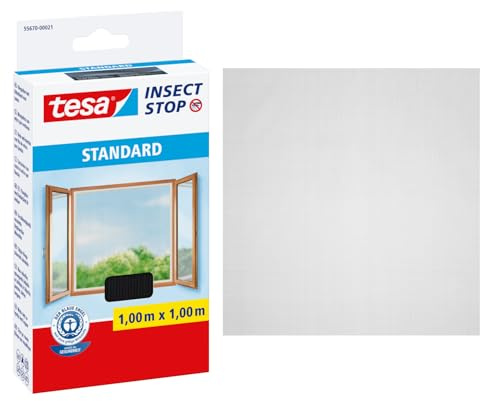 tesa INSECT STOP Klett Fliegengitter für Fenster - Insektenschutz mit Klettband, zuschneidbar - Mückenschutz ohne Bohren - 1 x Fliegen Netz - 100 cm x 100 cm - Anthrazit