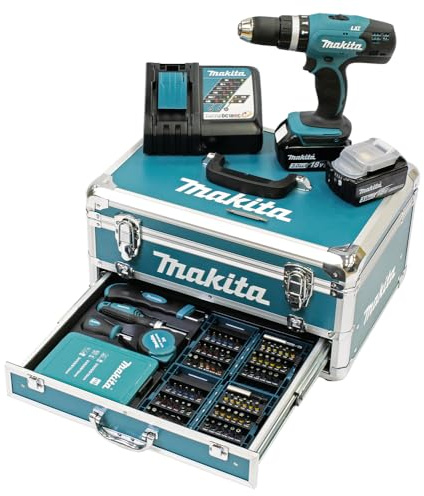 Makita DHP453RFX2 Akku-Schlagbohrschrauber 18 V / 3,0 Ah im Alukoffer + 96tlg. Zubehör-Set, Blau/Silber