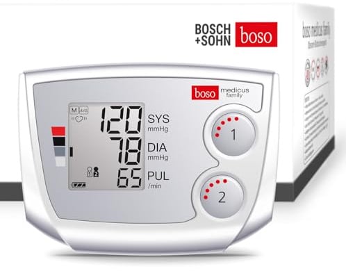 BOSCH + SOHN boso medicus family – Partner-Blutdruckmessgerät mit 2 Speicher-Plätzen, großem Display und Arrhythmie-Erkennung – Inkl. Universal-Manschette (22-42 cm)