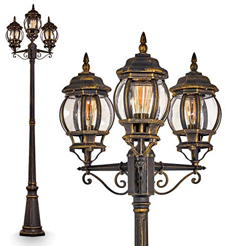 Kandelaber Lentua, Außenstehleuchte in antikem Look, Metall in Braun/Gold mit Kunststoff-Scheiben, 3-armige Wegeleuchte 215 cm, Retro/Vintage Gartenlampe, E27-Fassung, IP44, ohne Leuchtmittel