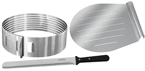 Zenker 7705 Patisserie Tortenboden-Schneidhilfe-Set – Inkl. Konditormesser & Kuchen-Retter, Edelstahl, Ø26/28 cm, Silber