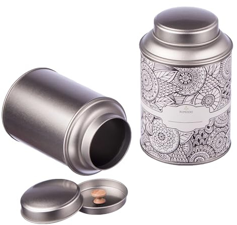 4 große Teedosen für losen Tee mit extra Aromadeckel inkl. Etiketten | stapelbar | Höhe: ca. 13,9 cm, Ø ca. 8,7 cm (für ca. 100g - 150g Tee) | Material: Weißblech | BPA-frei und lebensmittelecht