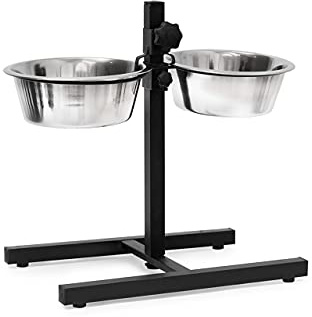 Relaxdays Futterstation Hund, 1,6 l Edelstahlnäpfe, Napfständer höhenverstellbar HBT 42 x 46 x 27cm, rutschfest, silber