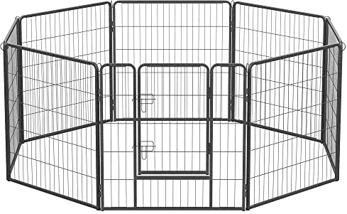 Feandrea Freilaufgehege, Laufstall DIY, mit 8 Gitterplatten je 77 x 80 cm, 2 L-förmige Riegel, transportabel, für innen und außen, extra große Haustiere ohne Halsband, grau PPK88G