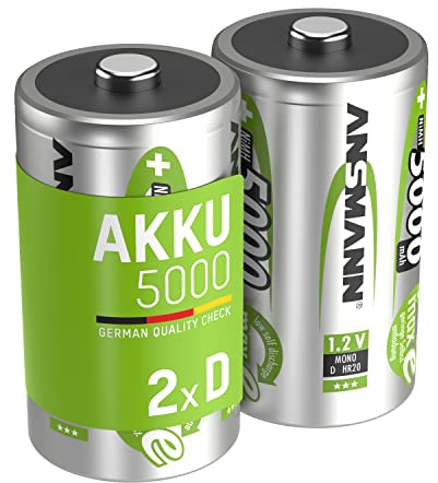 ANSMANN Akku Mono D 5000 mAh NiMH 1,2 V (2 Stück) - Mono D Batterien wiederaufladbare Zellen, maxE sorgt für geringe Selbstentladung für jahrelangen Einsatz in Spielzeug, Radio, Taschenlampe