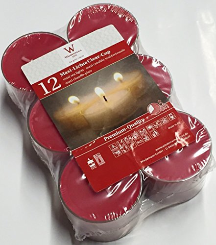 MAXI-Teelichte im PC Cup, transparent. 2,1 x 5,6 cm. 12 Stück WIEDEMANN rot RUBIN-093
