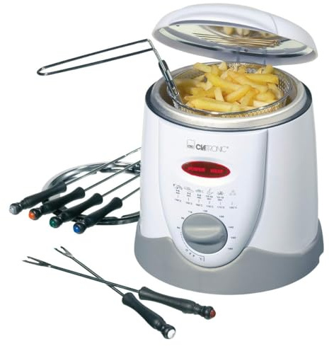 Clatronic® 2in1 Fondue-Fritteuse inkl. 6 Fonduegabeln | Fondue für Schokofondue & Käsefondue | Fritteuse für 1 Liter Öl/Fett | Bedienfeld mit Kontrolldisplay | Cool-Touch-Gehäuse | 840 Watt | FFR 2916
