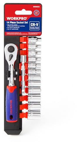 WORKPRO Steckschlüsselsatz 14tlg (4-13mm) aus Cr-V inkl. Halter und Verlängerung, 1/4 Umschaltknarre 72 Zähne mit Druckknopfauslösung