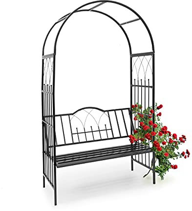 Relaxdays Rosenbogen mit Bank HBT 203 x 114,5 x 59 cm Rankgitter aus pulverbeschichtetem Eisen mit Sitzbank für 2 Personen und schöner Verzierung Rankhilfe für Rosen & Kletterpflanzen, schwarz,10020032