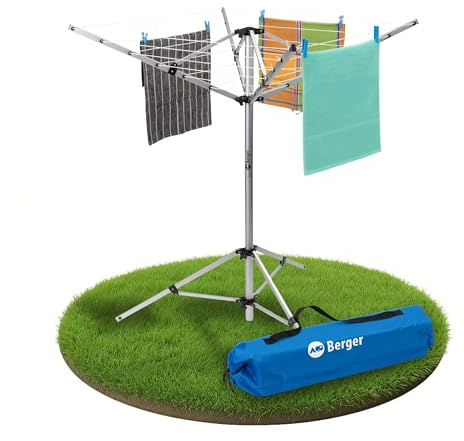 BERGER Super Pop Up Wäschespinne & Sat-Stativ | wetterfest & leicht | Wäscheschirm Wäscheständer mit Standfuß inkl. Packsack & Erdnägeln | für Camping & Balkon (Silber)