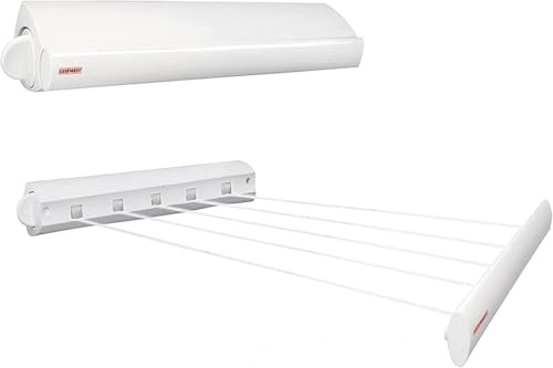 Leifheit Wandwäschetrockner Rollfix 210 Longline, 21 m Trockenlänge | Wäschetrockner Wand ausziehbar, 5 reißfeste Polyesterleinen, stufenlos bis 4,2 m, Nachspann-Drehknopf, für Bad/Balkon, weiß