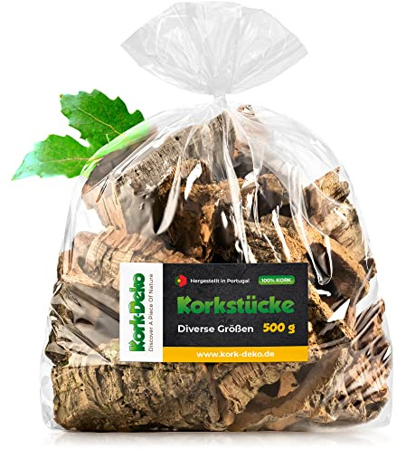 Korkstücke | Korkrinde | gereinigt und desinfiziert (Bruchstücke der Rinde der Korkeiche) 500g-Beutel. Für Nager, Vögel, Terrarium, Hobby und Basteln (Modellbau, Deko, Blumen, Gestecken)