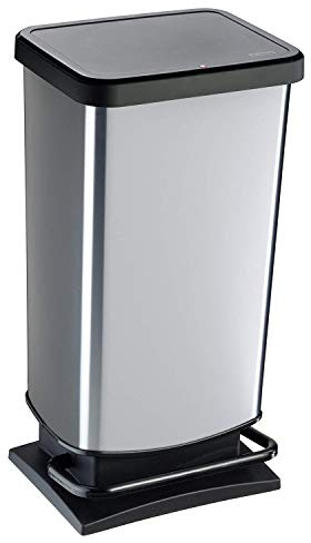 Rotho Paso Mülleimer mit Deckel 40l | Tretmülleimer in Edelstahloptik für Küche, Bad, Werkstatt | mit Soft-Close-Deckel für leises Schließen | breites Pedal | leicht zu reinigen | silber metallic