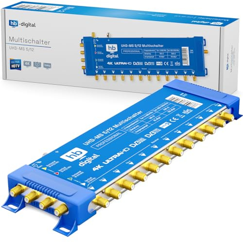 hb-digital 5/12 Multischalter mit externem Netzteil für 12 Teilnehmer und 1 Satellit – nur für Quattro LNB geeignet UHD 4K Full HD DVB-S/S2 – terrestrischer Eingang – vergoldete F-Anschlüsse