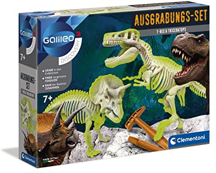 Clementoni Galileo Discovery Ausgrabungs Set T Rex und Triceratops | Spielzeug für Kinder ab 7 Jahren, Ausgraben von Dinosaurier Fossilien mit Hammer und Meißel, 7 x 35 x 26 cm, 69408