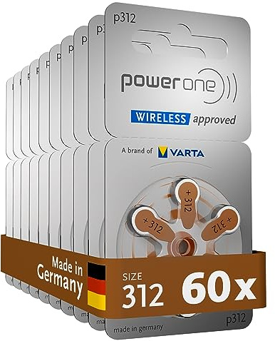 Power one Hörgerätebatterien Typ 312 braun, Batterien 60 Stück Vorratspack, wireless approved, Größe p312 für Hörgeräte und Hörhilfen, high hearing level, quecksilberfrei, Made in Germany
