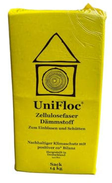 UNIFLOC® Zellulosedämmstoff 14 kg – Fußbodenschüttung aus Zellulose – Einfache Dämmung für Holzbalkendecken, Speicherböden & – Premium Wärmeleitfähigkeit λD 0,038 – Schimmelresistent & zertifiziert