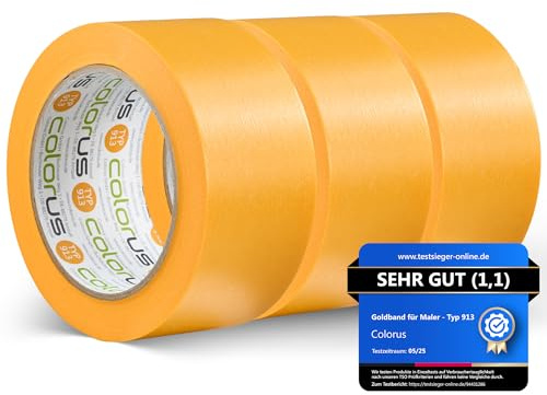 Colorus Goldband Washi Tape Maler Abklebeband 50 mm x 50 m, 3 Rollen UV 90 | Japanisches Reispapier für scharfe Farbkanten, rückstandsfrei abziehbar, hitzebeständig bis 90 °C, für innen und außen