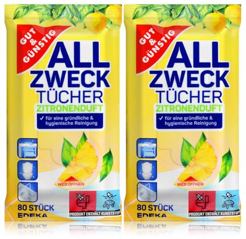 Feuchte Reinigungstücher in Spenderverpackung 80 Stück - 2er Pack (Inhalt 2 x 80 Stück) - Mit frischem Zitronenduft