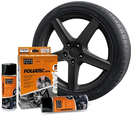 Foliatec Sprühfolie Auto Felgenfolie Sprüh Lack Set für 4 Felgen, Abziehbar, Gute Deckkraft, schwarz glänzend, 2x 400ml