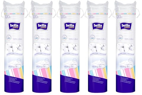 Bella Cotton Wattepads 100% Baumwolle, Doppelte Textur Rund und Fusselfrei, 5er Pack (5 x 120 Stück)