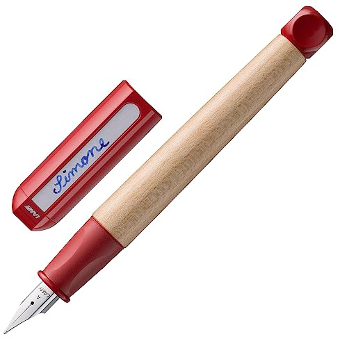Lamy abc red Füller - kindergerechter Schreiblernfüller mit ergonomischem Griff & polierter Stahlfeder in Strichbreite A - robustes Ahorngehäuse - inkl. Tintenpatrone T 10 blau - Rechtshänder