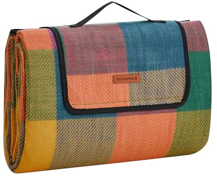 SONGMICS Picknickdecke, 195 x 150 cm, groß, Campingdecke, für Park, Garten, Strand, wasserdicht, maschinenwaschbar, faltbar, rot-grün-orange GCM50K