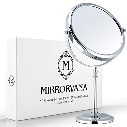Mirrorvana Kosmetikspiegel 10-fach/1-fach, 360° schwenkbar, 20 cm (rund) | Doppelseitiger Tischspiegel, Standspiegel fürs Badezimmer – ideal für präzises Make-up, Gesichtspflege und tägliche Anwendung