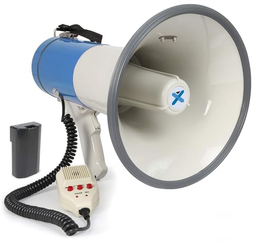 Vonyx MEG065 Akku Megafon mit Sirene und Mikrofon, Aufnahmefunktion, 65 Watt, bis 1 KM, MP3, USB, SD, AUX, Megaphon mit Umhänge-Gurt, blau-weiß