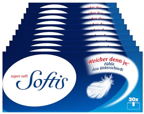 Softis 4-lagige Taschentücher | 300 Päckchen Einweg-Taschentücher (30 x 10) | Dermatologisch getestete Hautfreundlichkeit | Seitliche Öffnung zur hygienischen Tuchentnahme | FSC®-zertifiziert