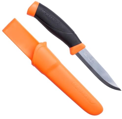 Morakniv Messer - Companion - rostfreier Sandvik Stahl 12C27 - zweifarbiger Griff - neonfarbene Scheide mit Gürtelclip, 134510