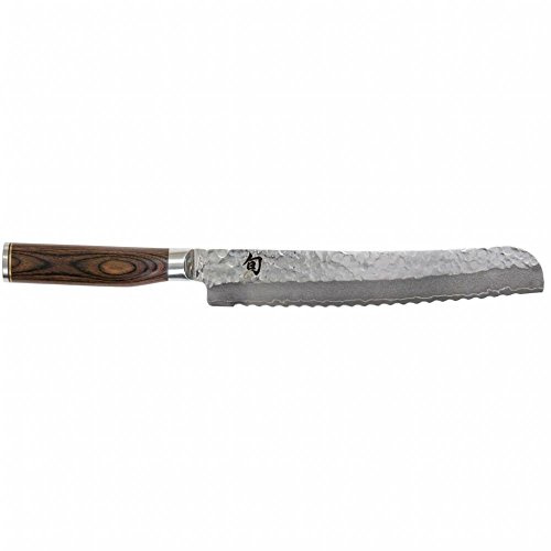KAI Shun Premier Tim Mälzer japanisches Brotmesser 23 cm Klingenlänge - VG-MAX Kern 61 HRC, 32 Lagen Damast hochglanzpoliert - Pakkaholz mittelbraun gemasert - Hammerschlagoberfläche - Made in Japan