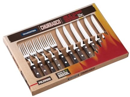 Tramontina Steakbesteck Pizzabesteck, 12-teiliges Set, für 6 Personen, Steakbesteckset, rostfreier Edelstahl, FSC zertifizierter Echtholzgriff, spülmaschinenfest