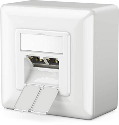 deleyCON CAT 6a Netzwerkdose 2x RJ45 Port 10 Gbit/s, 1 Stück - Weiß | Universal, geschirmt, Aufputz oder Unterputz, 10 Gigabit Ethernet Netzwerk, EIA/TIA 568A&B