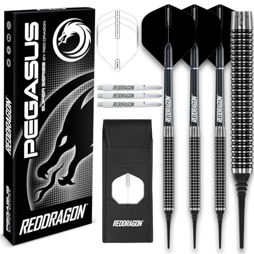 RED DRAGON Pegasus Tungsten Soft Dartpfeile - 18 Gramm: Schwarze Schäfte, Schwarze Flüge und Darttasche