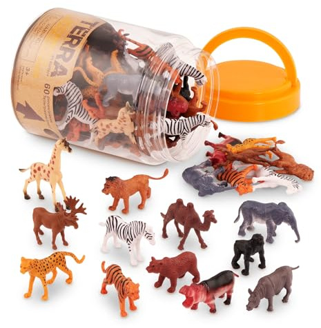 Terra 60-teilig Tierfiguren Sammlung Wildtiere Spielzeug Set – Löwe, Tiger, Zebra, Nilpferd, Elefant, Elch, Kamel und mehr – ab 3 Jahren, 2"