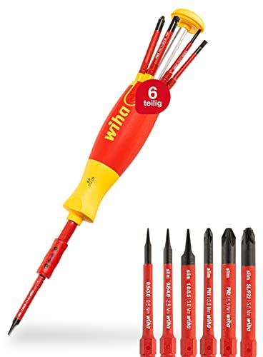 Wiha Schraubendreher Set LiftUp electric 6-tlg. mit verstaubarem Bit Set (38611) I Schraubenzieher Satz mit Bit Magazin aus slimBits für Elektriker, Bithalter, Schlitz/ Kreuzschlitz/ Plusminus