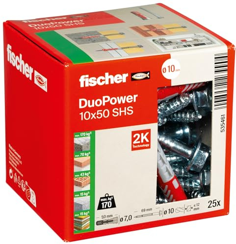 fischer DUOPOWER 10 x 50 S, Universaldübel mit Sicherheitsschraube, 2-Komponenten, Kunststoffdübel zur Befestigung in Beton, Ziegeln, Stein, Gipskarton UVM., 25 Dübel + 25 Schrauben