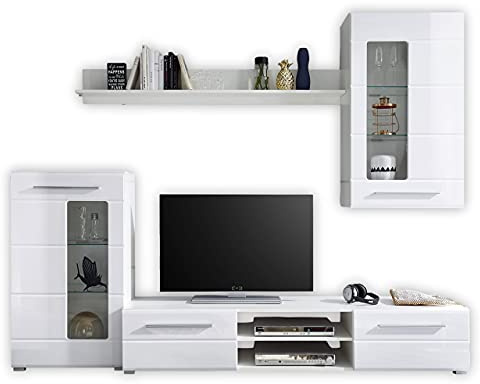 Stella Trading ENRIQUE Wohnwand Komplett-Set in Hochglanz Weiß - Moderne Schrankwand mit schöner LED-Beleuchtung für Ihr Wohnzimmer - 240 x 190 x 42 cm (B/H/T)