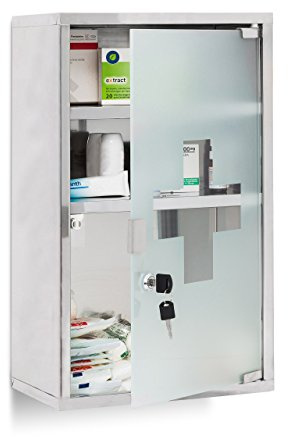 Relaxdays EMERGENCY Medizinschrank XL extra tief aus Edelstahl HxBxT: ca. 50,5 x 30 x 18 cm mit 3 Fächern und Glas-Tür zum Abschließen mit 2 Schlüsseln für kindersichere Medikamenten-Lagerung, silber