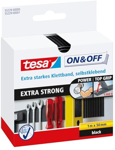 tesa On & Off Extrastarkes Klettband - Selbstklebende Klettstreifen zum Befestigen schwerer Gegenstände, extra stark - 100cm x 5 cm