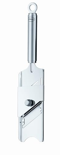 RÖSLE Gourmethobel Hochwertiger Hobel für Trüffel, feine Pilze, Parmesan/Radieschen, hauchdünne Scheiben, stufenlos verstellbar, Edelstahl 18/10, Rundgriff mit Aufhängeöse inkl. Restehalter, Silber