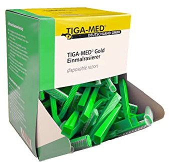 TIGA-MED Einmalrasierer für Körperrasur – Einschneidig oder zweischneidig, Edelstahlklinge und Kunststoffgriff – Spenderbox, verschiedene Mengen (Grün - zweischneidig, 100 Stück)